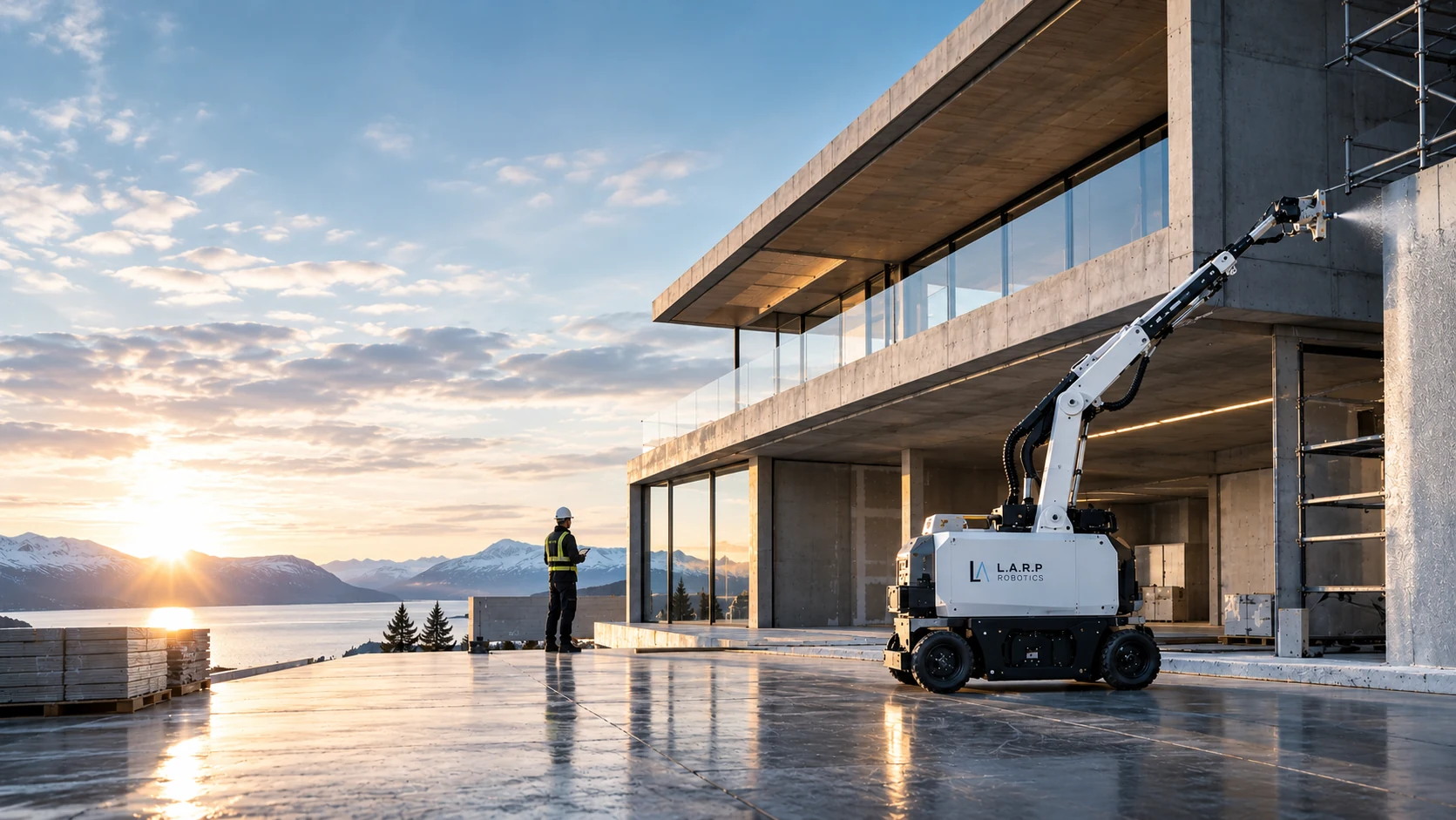 A white L.A.R.P Robotics spraying robot working on the concrete facade of a new building at sunrise, with a site engineer watching over a fjord.