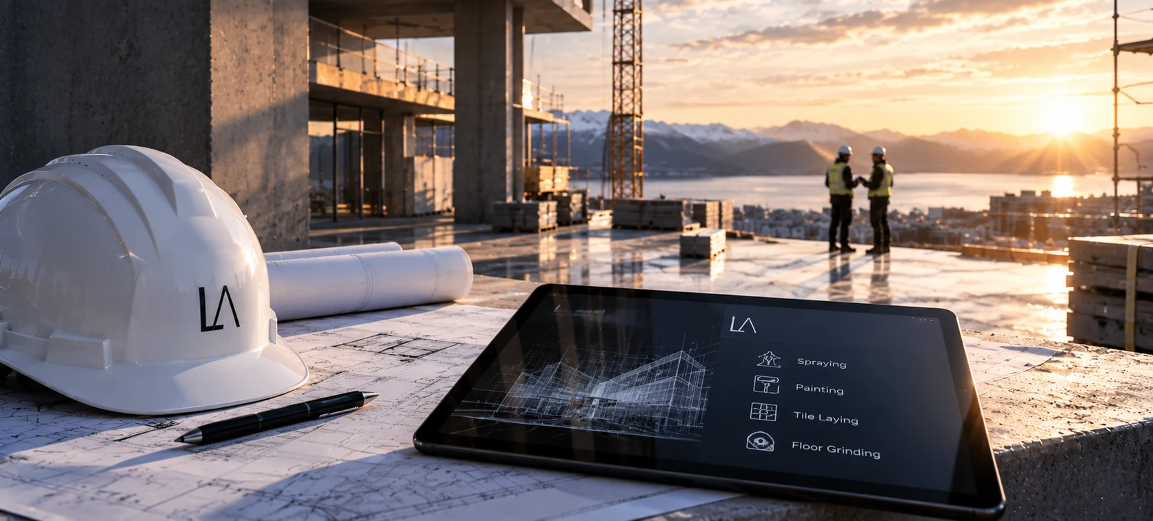 A tablet on a construction site showing a building model and four work areas: spraying, painting, tile laying and floor grinding.